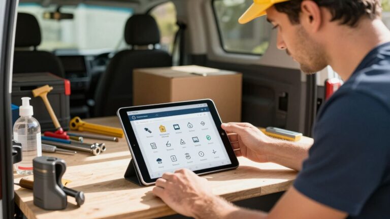 Tradie using tablet for scheduling and invoicing.