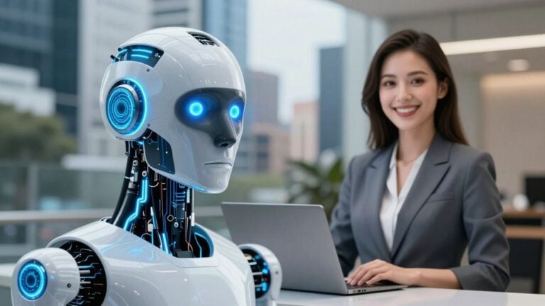 AI robot head versus human receptionist, Australian business context.