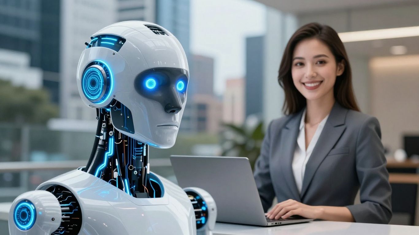 AI robot head versus human receptionist, Australian business context.