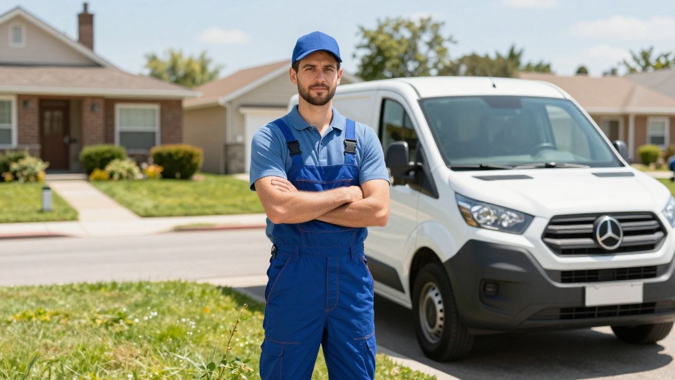 Plumber and van on suburban street