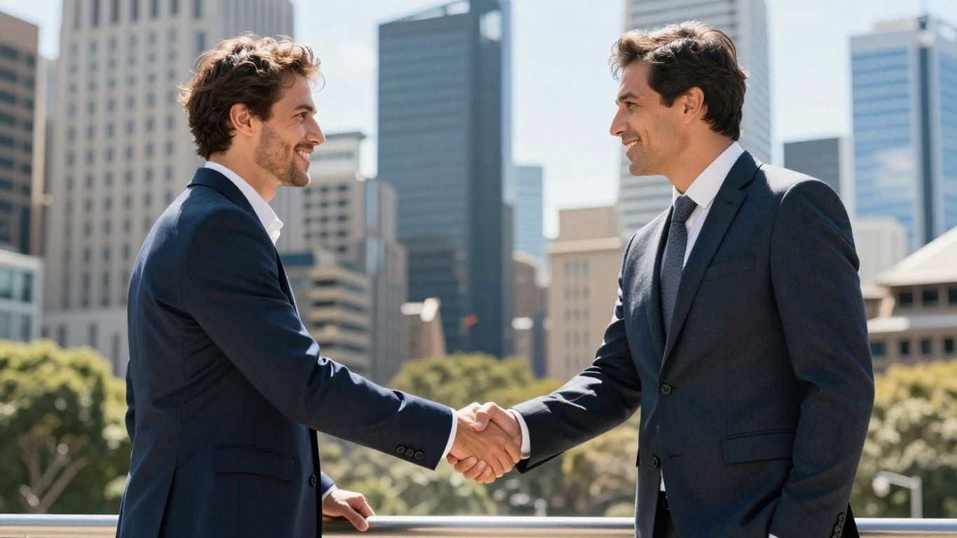 Handshake over blurred Sydney skyline.