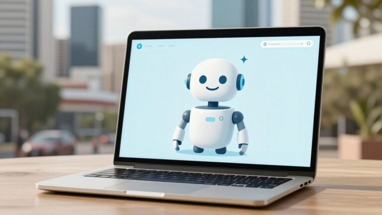 AI chatbot on laptop screen, Australian city background.
