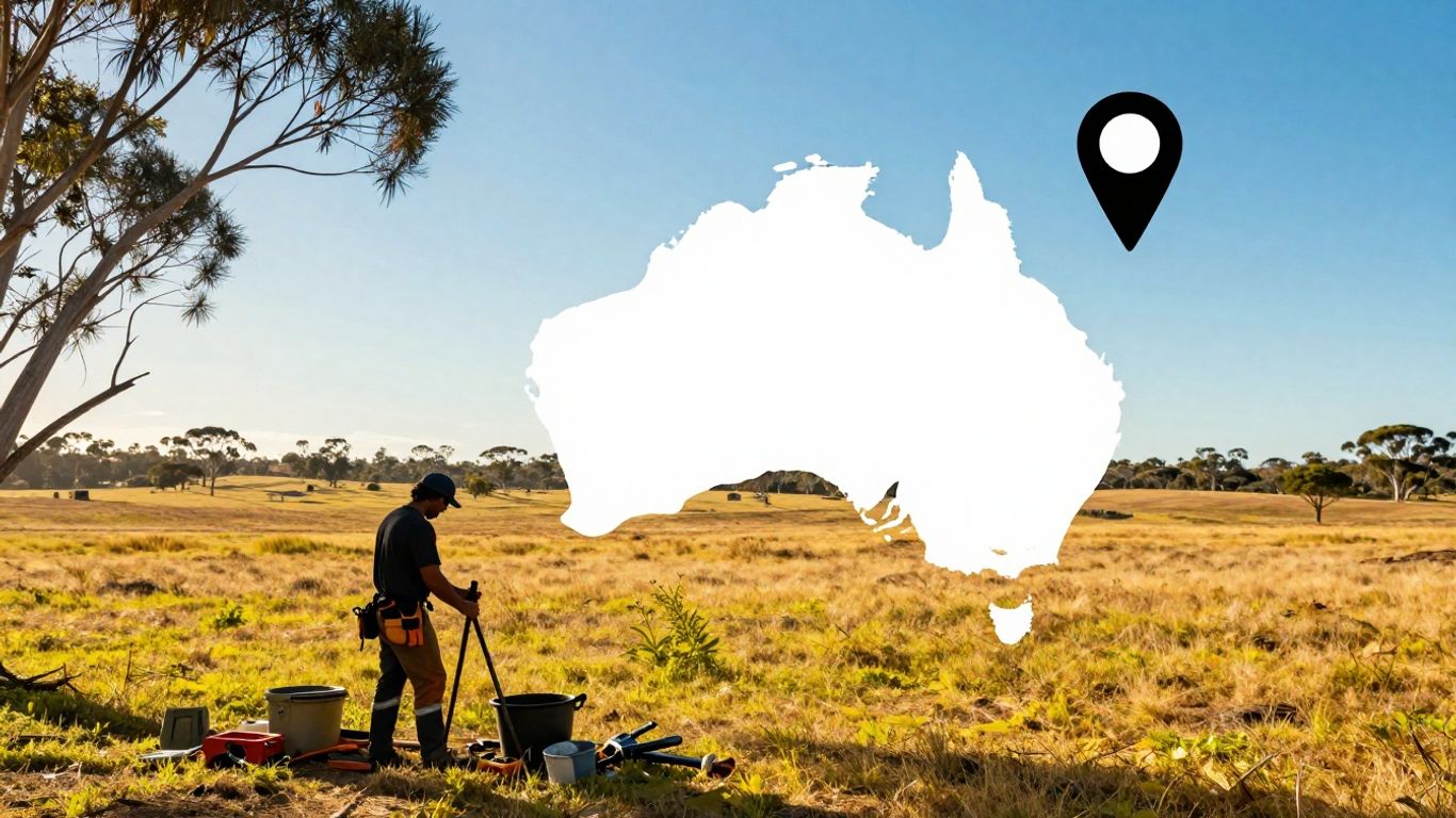 Australian tradie working with tools and map pin.