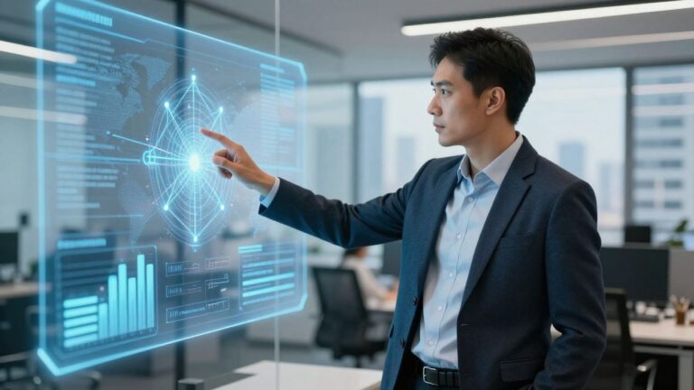 AI consultant in Australia with holographic data display.