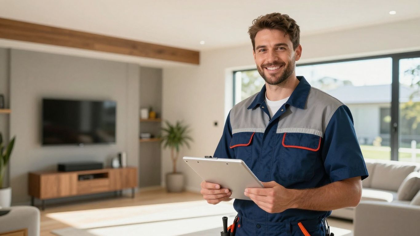 Electrician in Australian home, ready for jobs.