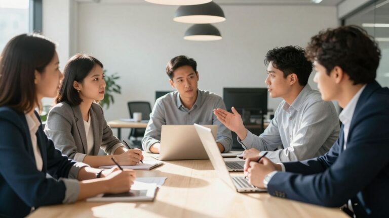 AI consultants collaborating in a modern office.