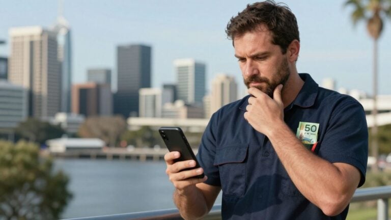 Tradie checking Google Ads costs on phone in Australia.