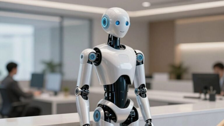 AI receptionist robot at a modern office reception desk.