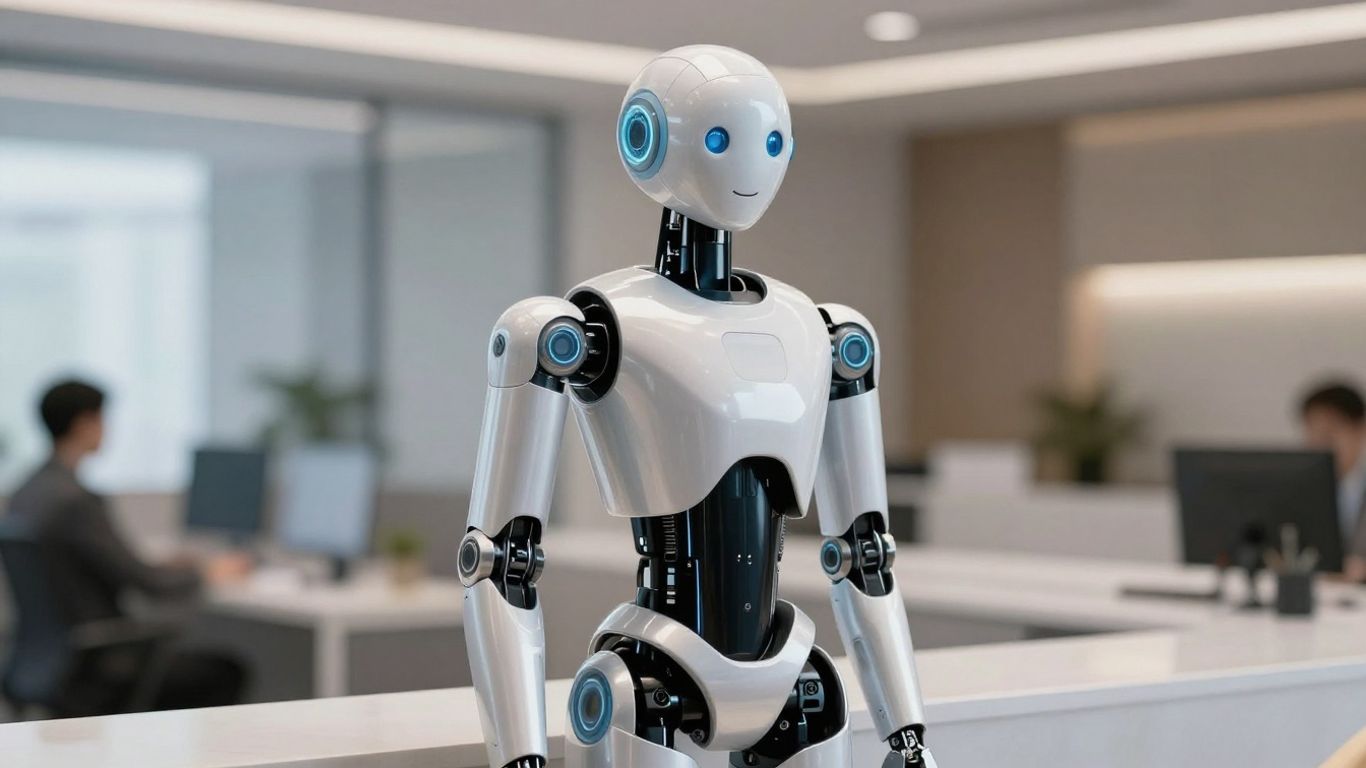 AI receptionist robot at a modern office reception desk.