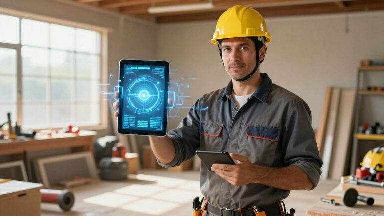Tradie using AI on tablet, saving time.