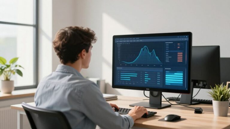 Small business owner looking at AI data on screen