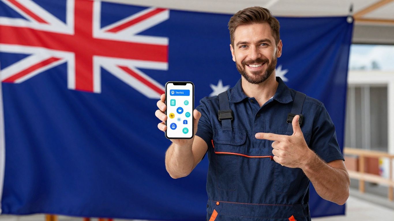 Australian tradie using social media marketing on smartphone.
