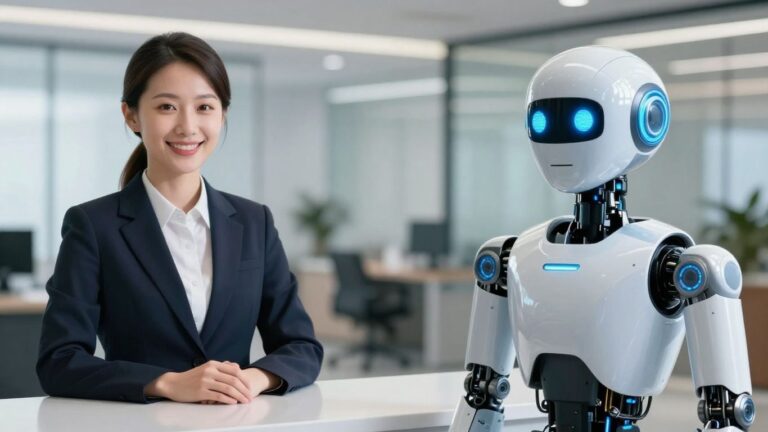 AI robot and human receptionist in an office lobby.