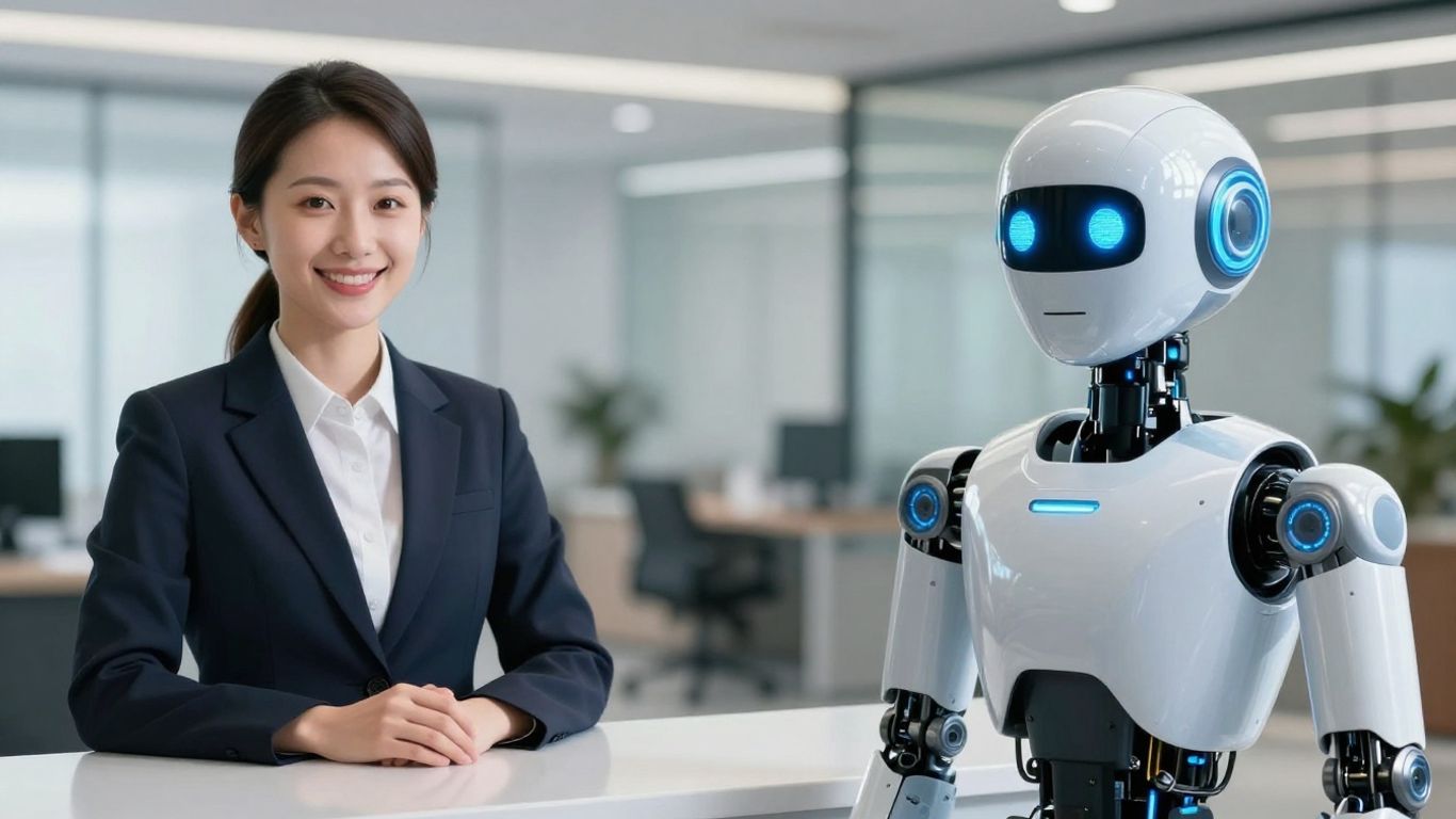 AI robot and human receptionist in an office lobby.