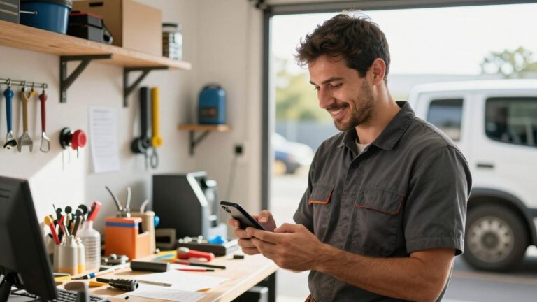 Tradie using voice AI on a smartphone.