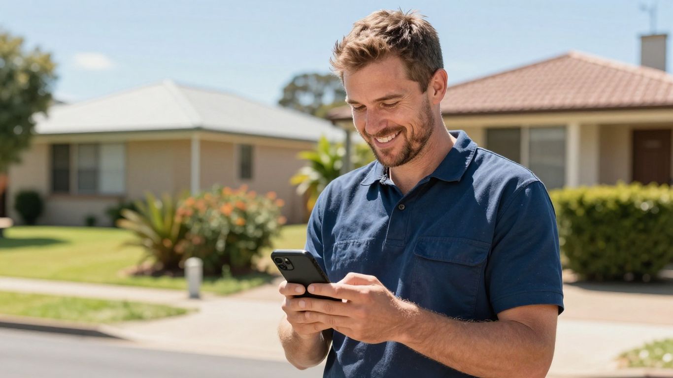 Tradie using phone for customer follow-up