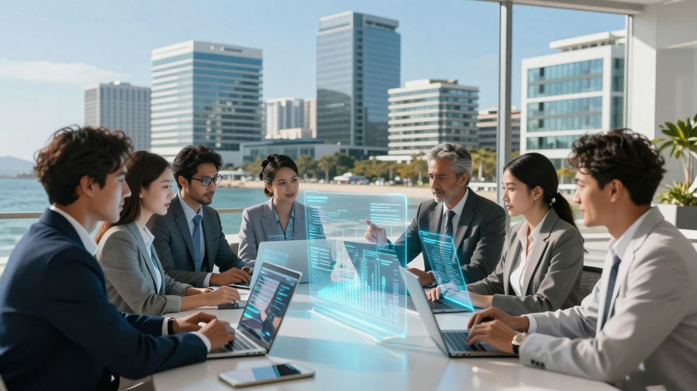 AI agency in a sunny coastal city with professionals.