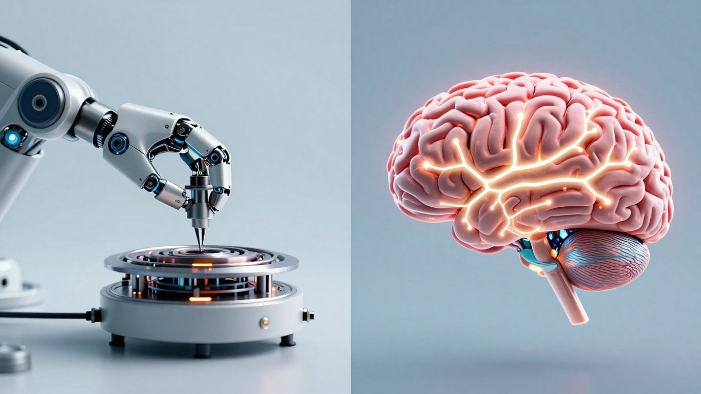 Robotic arm and glowing brain side-by-side.