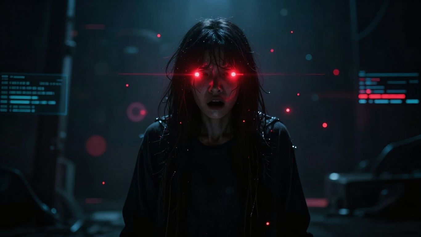 Person recoiling from ominous AI entity with red warning lights.