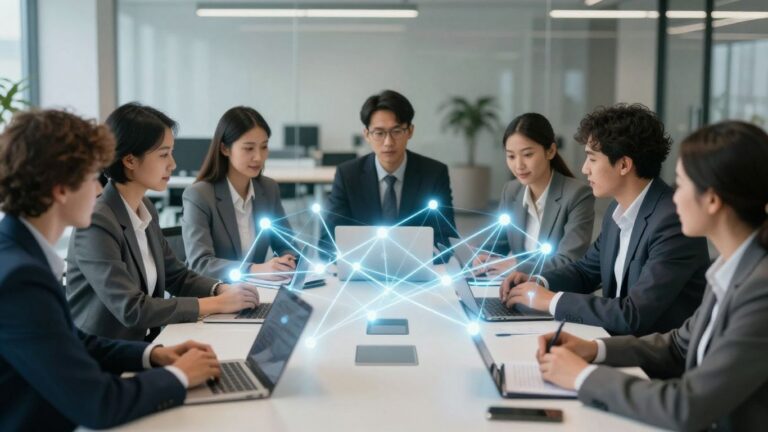 Business people strategising with digital connections.