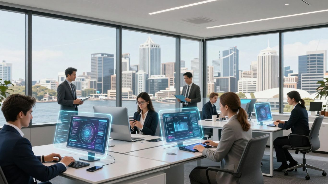 People using futuristic tech in a modern Australian office