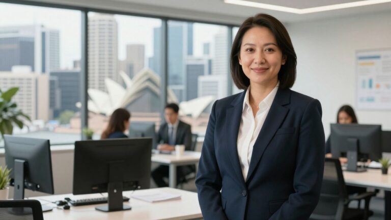 Mortgage broker in Australia with city background.