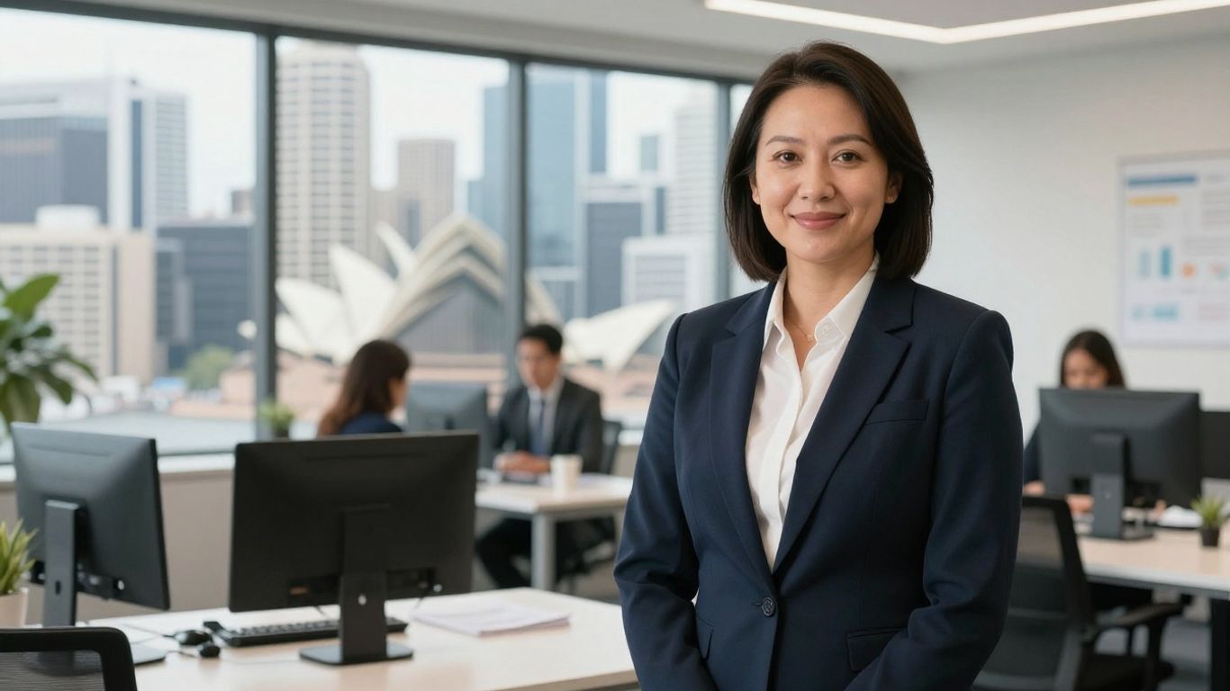 Mortgage broker in Australia with city background.