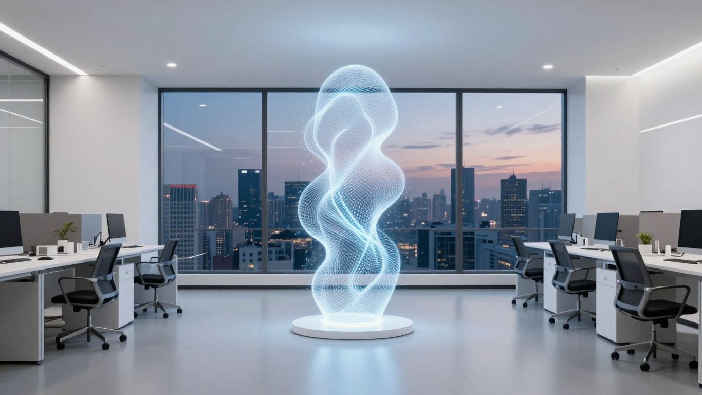 AI operations light sculpture in modern office.
