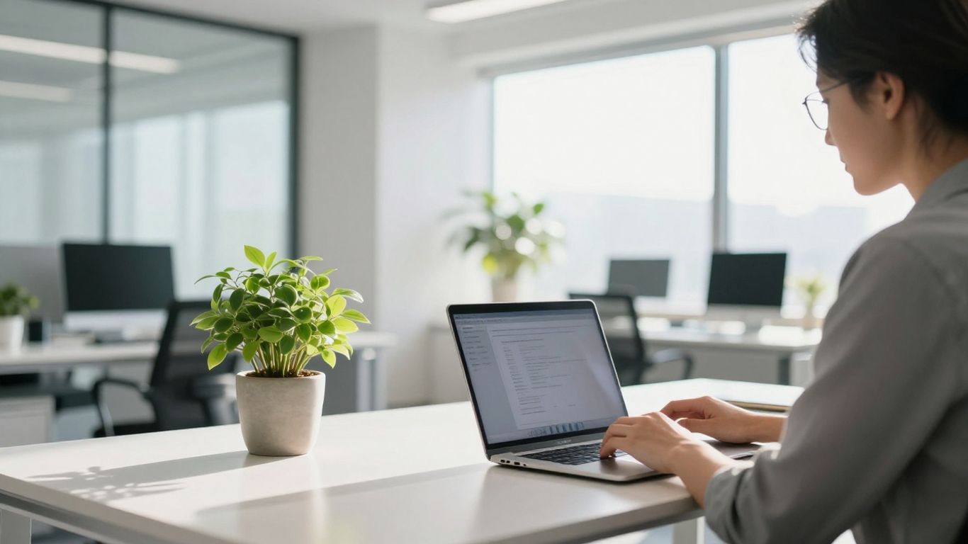 AI agency office with a person working on a laptop.