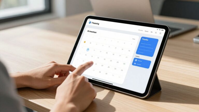 AI booking calendar on tablet in small business office