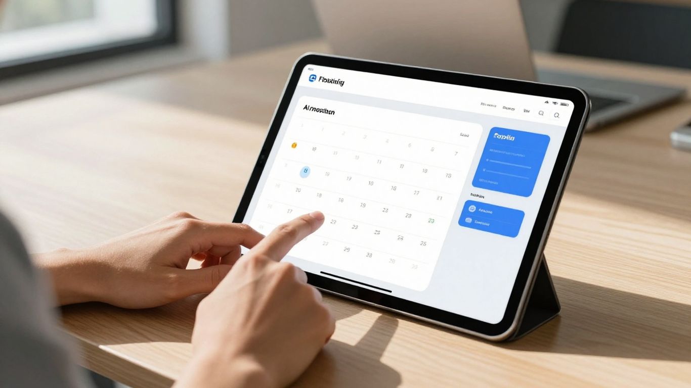 AI booking calendar on tablet in small business office
