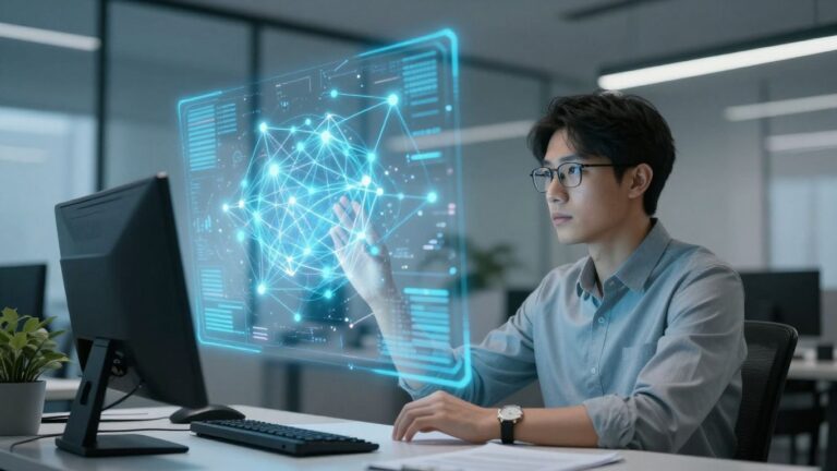 AI consultant examining complex data visualizations.