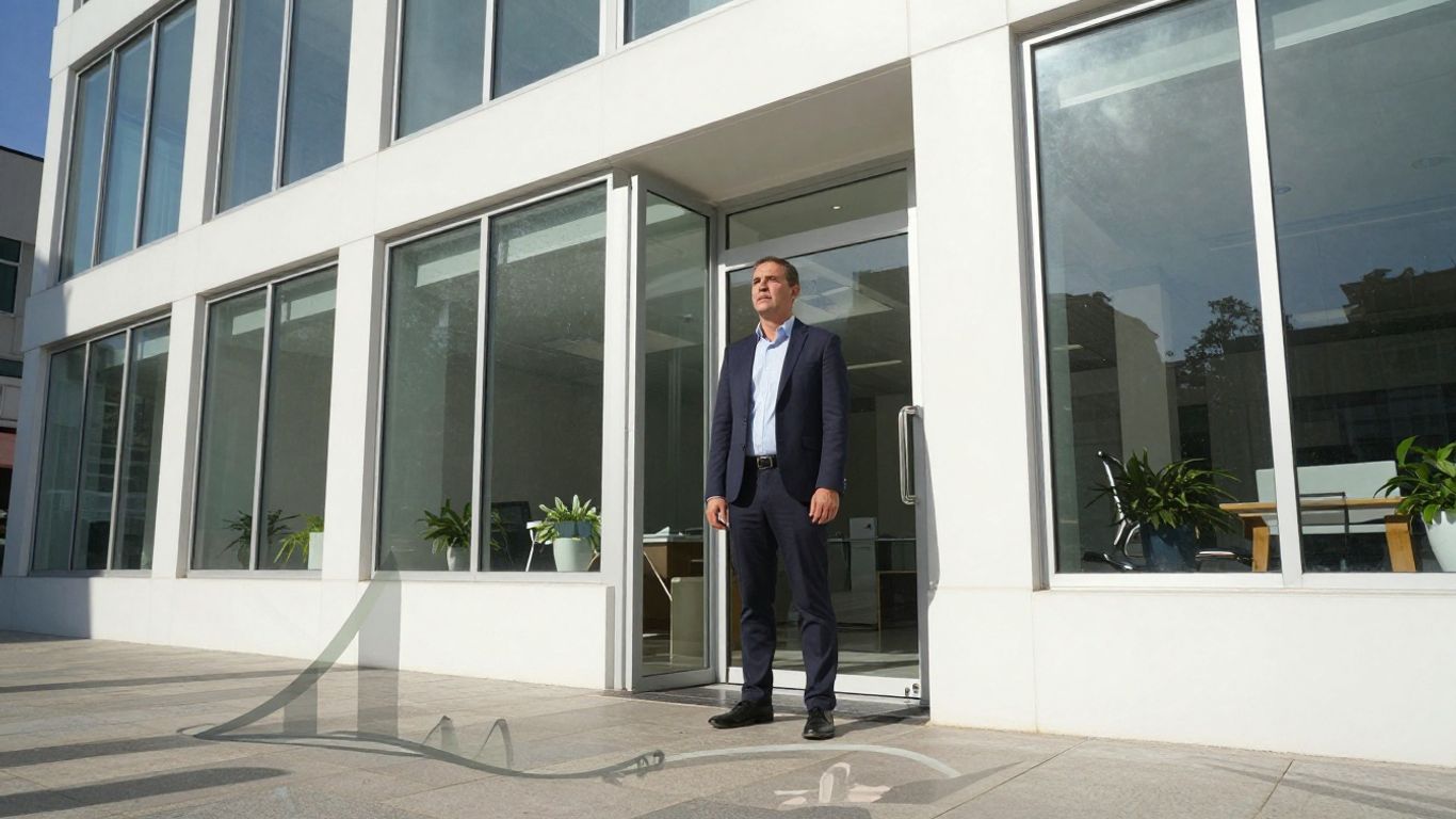 Small business owner outside modern office building, growth concept.