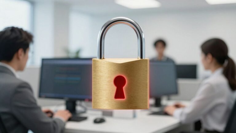 Small business office with digital padlock on computer screen.