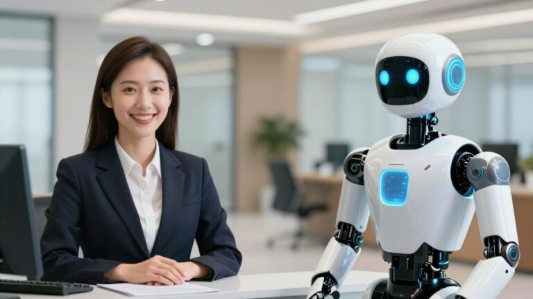 Human receptionist versus AI robot in office lobby.