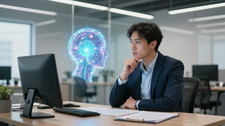 Businessperson consulting with AI