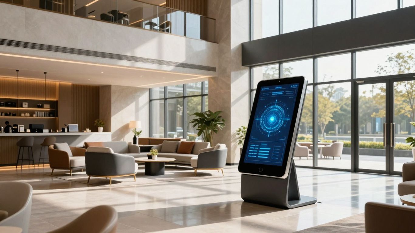 Modern Australian hotel lobby with AI technology.
